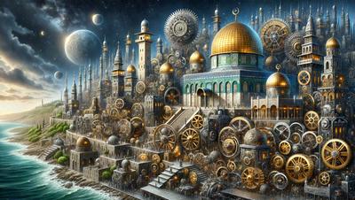 The primary subject of the image is a large, intricate, and ornate cityscape with a mix of architectural styles. The setting is a nighttime cityscape, with a sky background. The visual style is a combination of digital art and illustration, creating a surreal and fantastical atmosphere. The colors are predominantly dark, with a few glowing elements, such as the lights on the buildings, adding a sense of mystery and enchantment to the scene.